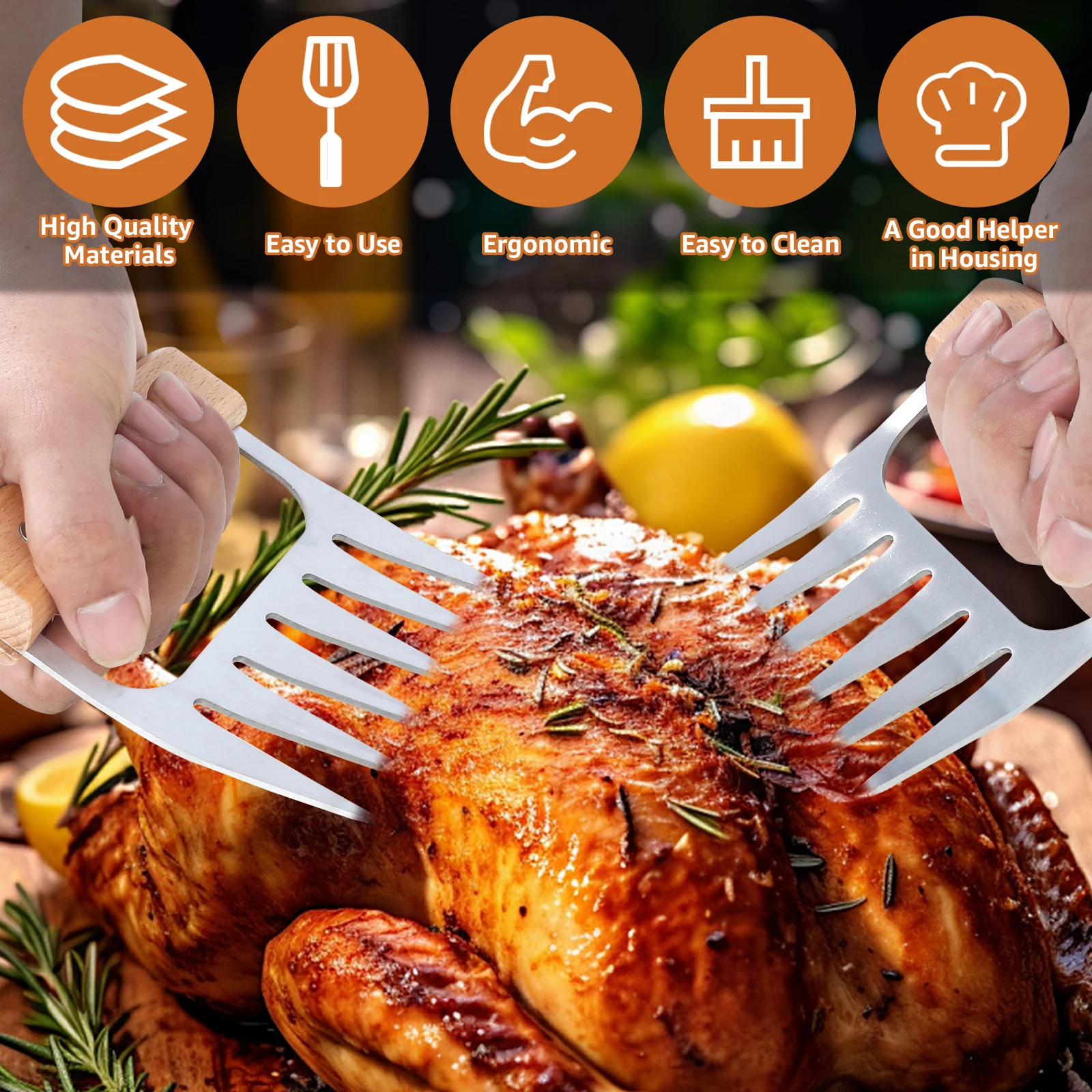 2Pcs Meat Shredder Claws Wood Handle Stainless Steel BBQ Meat Claws Efficient Pulled Pork Shredder Portable Pork Shredding