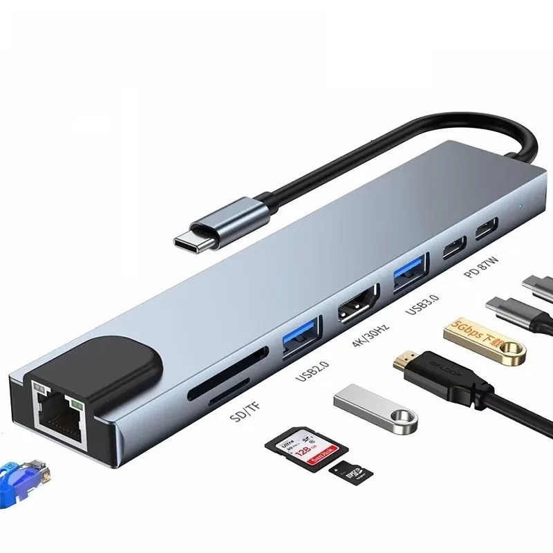 

USB-кабель типа C 8 в 1 с несколькими портами USB 2,0 и 3,0
