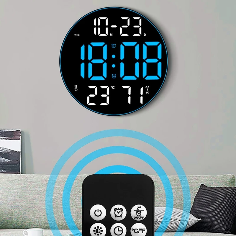 

12 Inch Large Screen Big Digital Wall Clock LED Round Silent Time Week Date Temp Humidity Smart Electronic Clock Remote Control