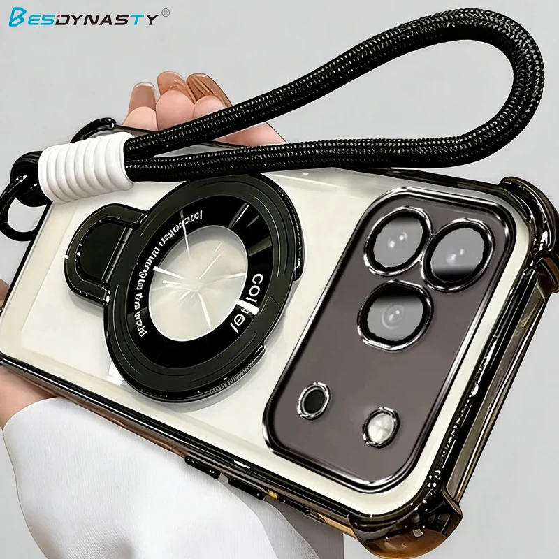 Transparent Shockproof Soft Silicone Phone Case with Rope Lanyard and Stand