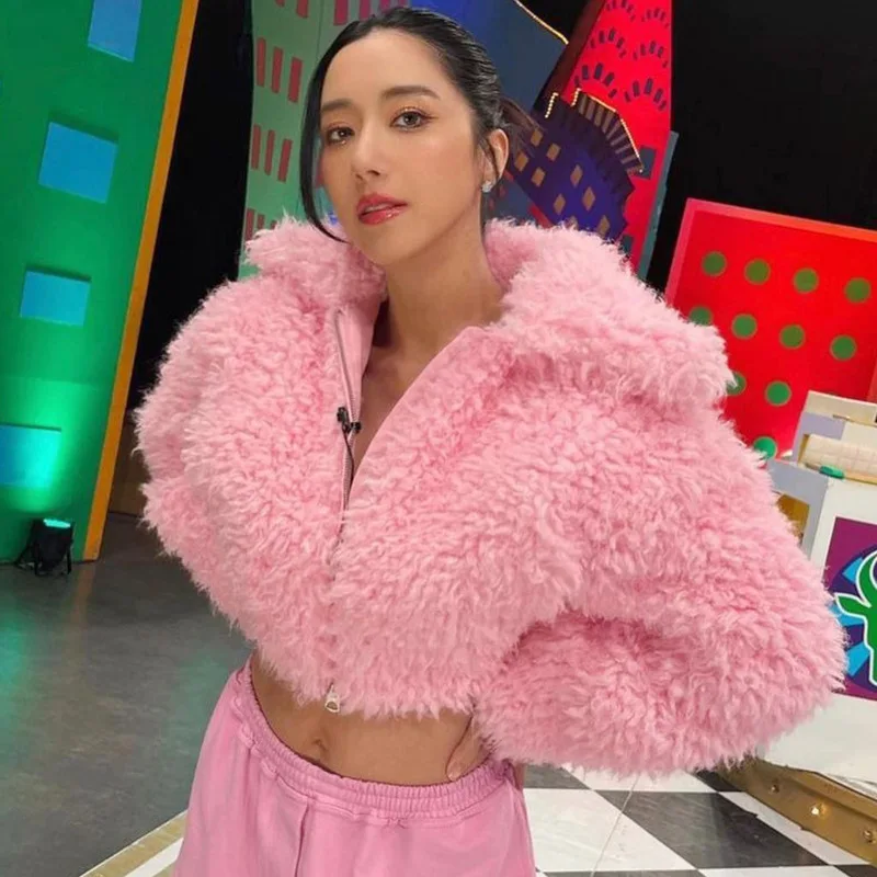 

Thick Plush Jackets 2023 Fall Winter Women Turn Down Collar Long Sleeve Zipper Short Coat Fashion Warm Outwear Casual Streetwear