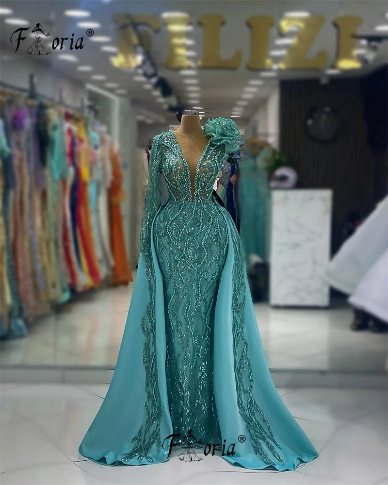 

Vestidos De Festa Dubai Pearls Beaded Evening Wedding Dress with Overskirt Green Mermaid Formal Party Gown African Woman Robes