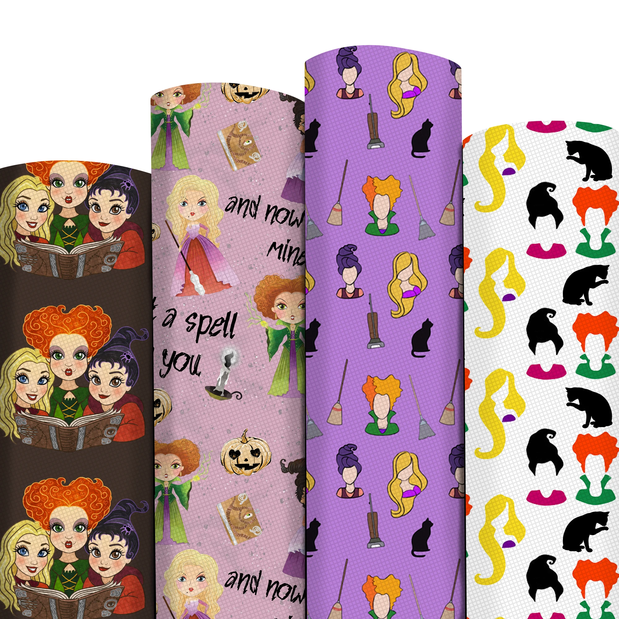 Halloween Print Lychee Texture Faux Leather Sheet Villains Hocus Pocus Synthetic Leatherette Vinyl Fabric for DIY Accessories