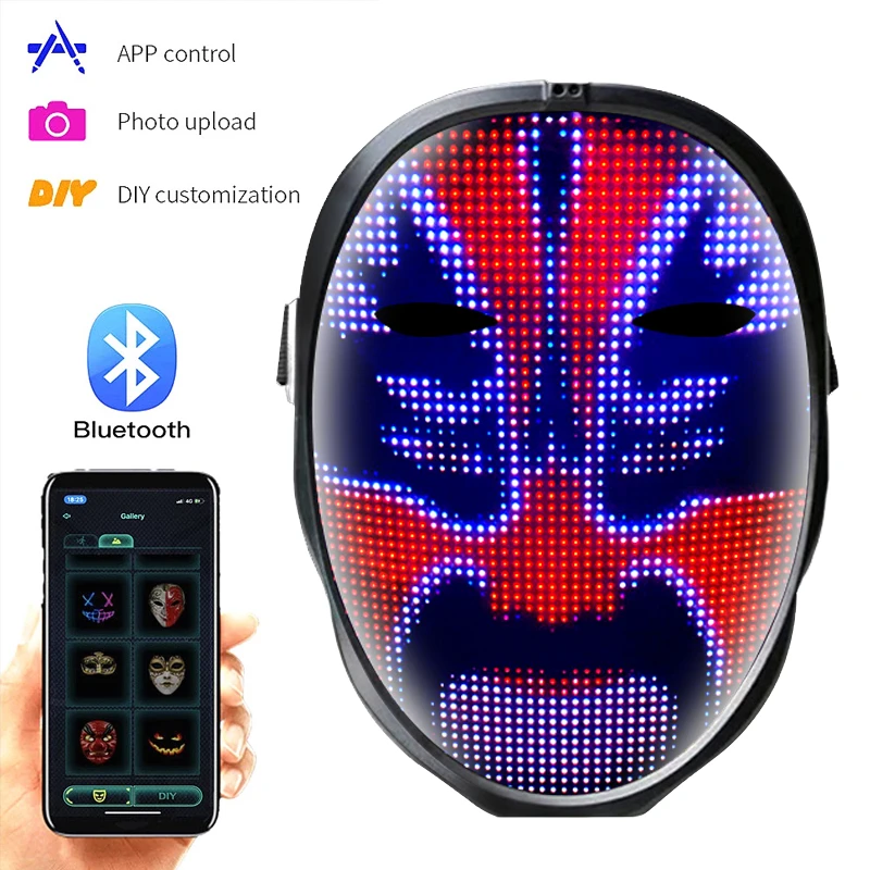 

LED Illuminated Mask Halloween APP Programmable Full-Color Mask Bluetooth Glowing Mask for Masquerade DJ Party Cosplay Cool Mask