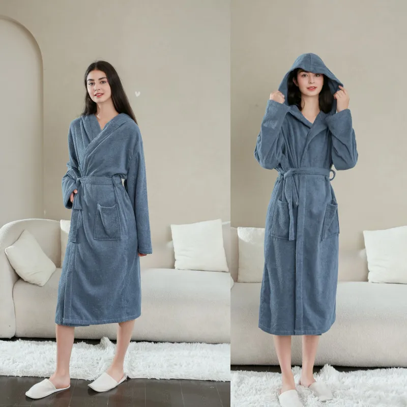 2023 New Solid Robe Hooded Women Lace Up Winter Fashion Causal Home Bathrobe Long Sleeve Men Couple Sleepwear Pajamas