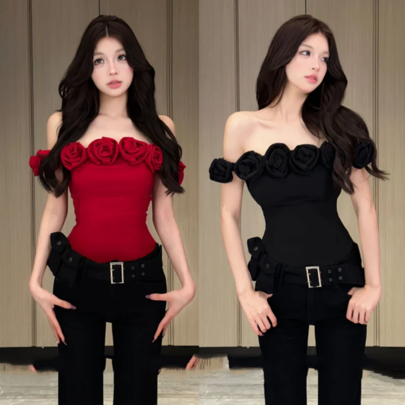 섹시한 한국 슬래시 넥 여성용 상의, 슬림 솔리드 티셔츠, 나이트 클럽 소녀 풀오버, 여름 유행 레드 블랙 여성 의류