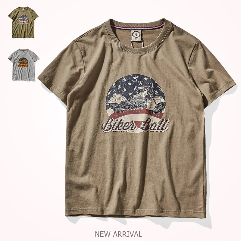 

New Euro American Cargo Men's T-shirt Retro 100% Cotton Tees Style Printed Washed Distressed Tops Casual Oversize Loose Blouse