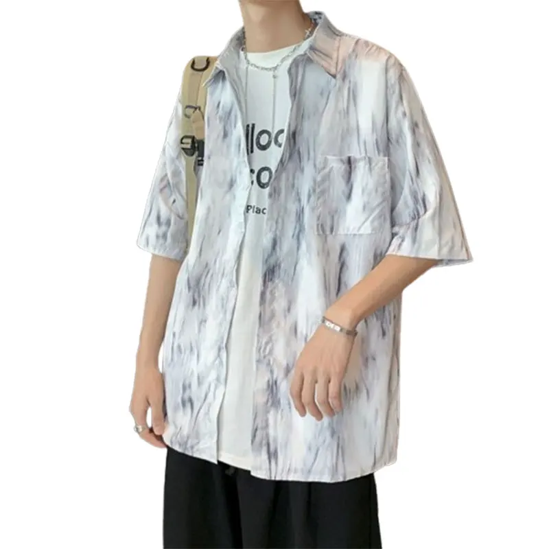 Elegant Fashion Harajuku Slim Fit Male Clothes Loose Casual All Match Outerwear Square Neck Printed Button Short Sleeve Blusa