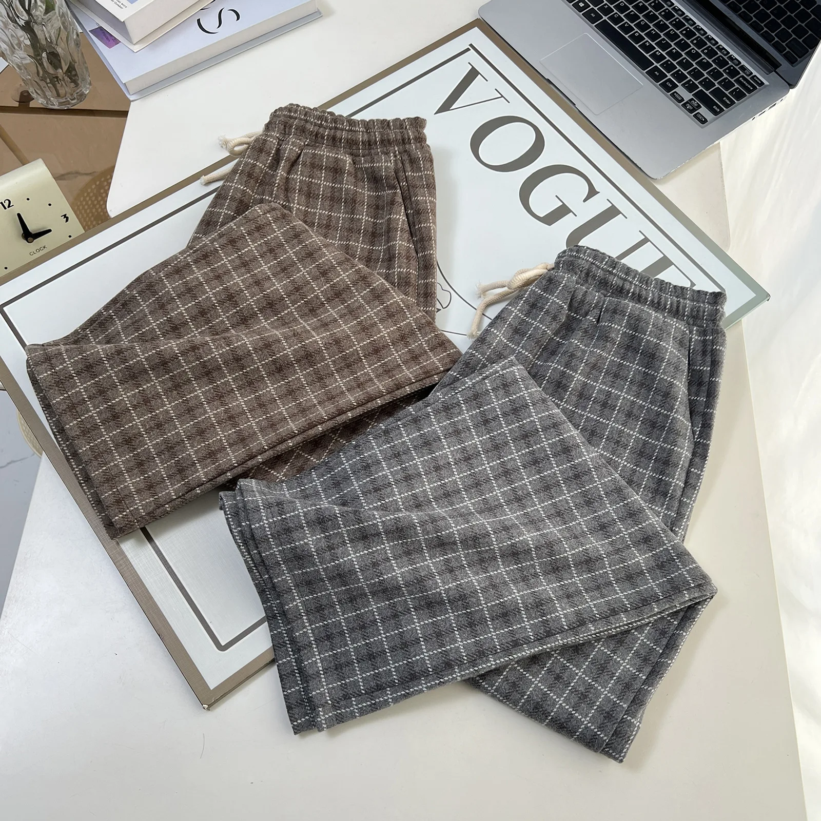 XXXXXL Fashion Plus Size Women's Straight Leg Pants Autumn Winter New Stylish Tweed Casual Woolen Plaid Long Trousers 1737