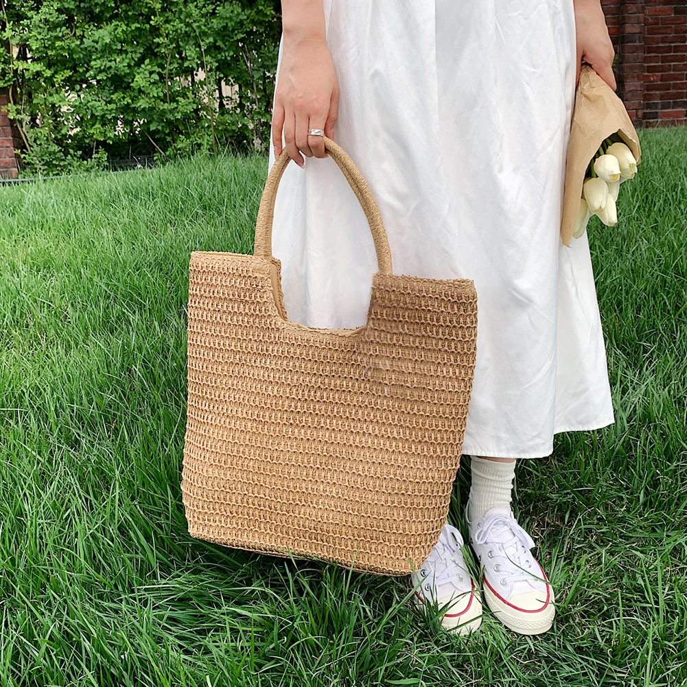 Women Straw Tote Handbag Large Capacity Vintage Shoulder Bag Solid Color Weaving Travel Handbag Ladies Summer Daily Bag