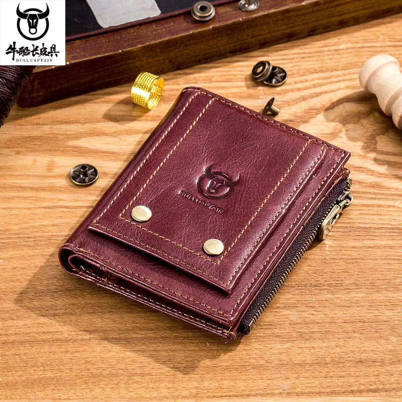 BULLCAPTAIN Genuine Leather Men Wallet Coin Purse Small Mini Rifd Card Holder High Quality Hardware Pull Wallet's |