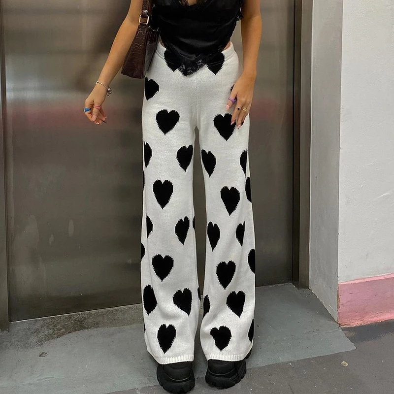 Winter Harajuku Black Heart Knit Wide Leg Pants Women Fashion High Waist Baggy Y2k Sweatpants White Trousers Capri Streetwear