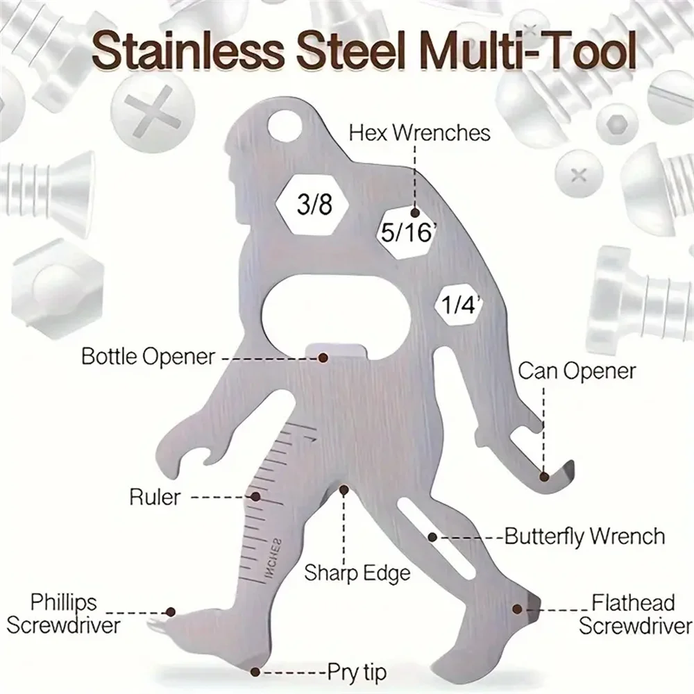 1pc Stainless Steel Monkey & Sasquatch Survival Tool Card Keychain - Durable, Multifunctional, Rust-Resistant - Perfect for Outd 2