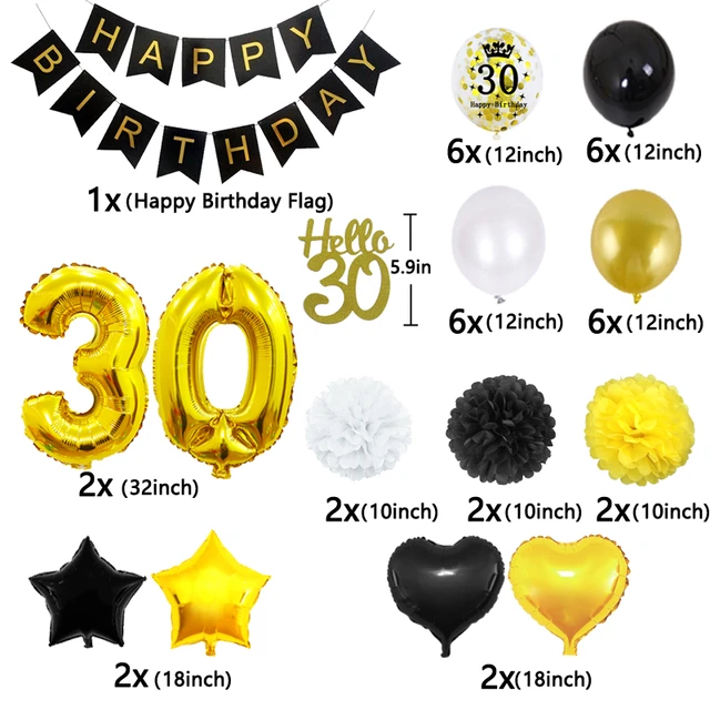 Fête d'anniversaire Ballon Numéro Ballon Étoile Ballon Or Noir Ballon Rond  Bannière de Fête d'Anniversaire pour Décoration de Fond de Fête  d'Anniversaire, 30 Ans A1 - 