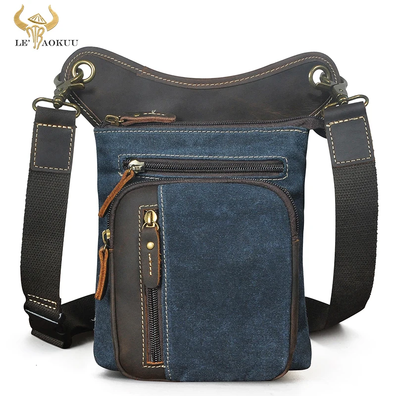 

Canvas+Thick Real Leather Design Travel Sling Bag Multi-function Fanny Waist Belt Pack For Men Drop Leg Bag Tablet Case 211-11