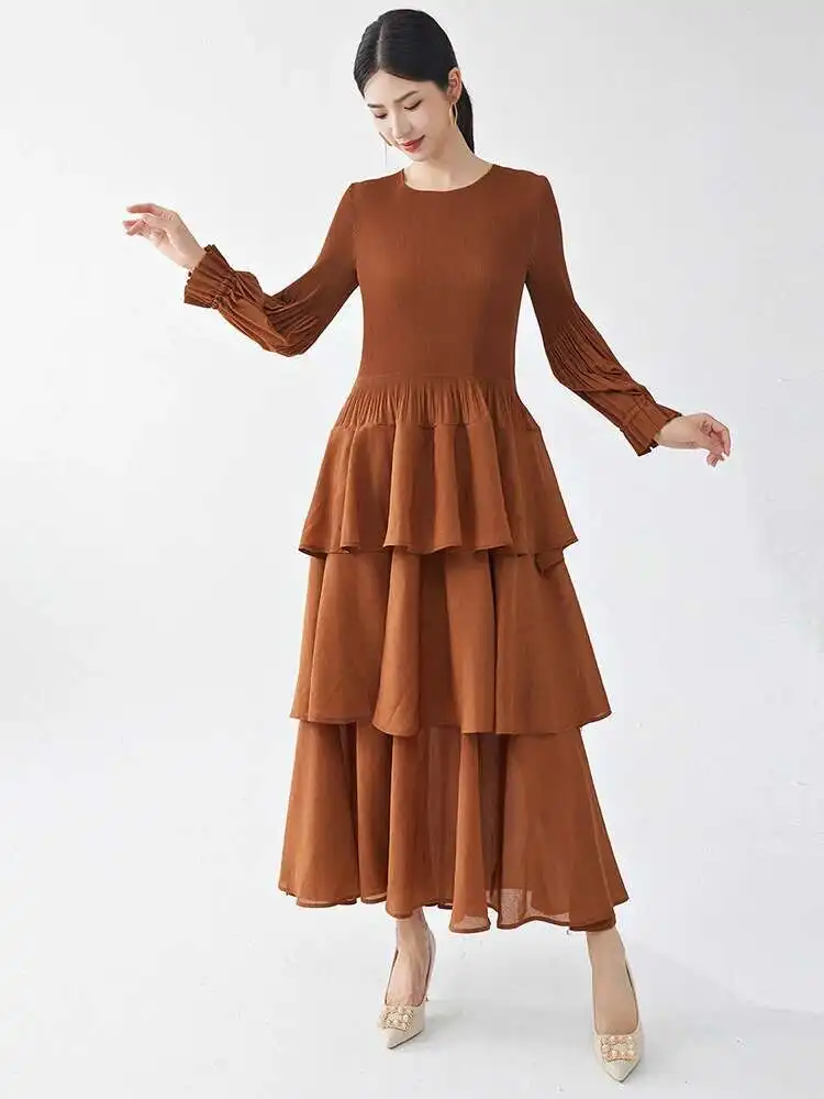 LANMREM Fashion Pleated Cake Dress Women's O-neck Long Sleeves Elastic Stretch Solid Color Dresses 2025 Spring New 2Z2393 - Image 2