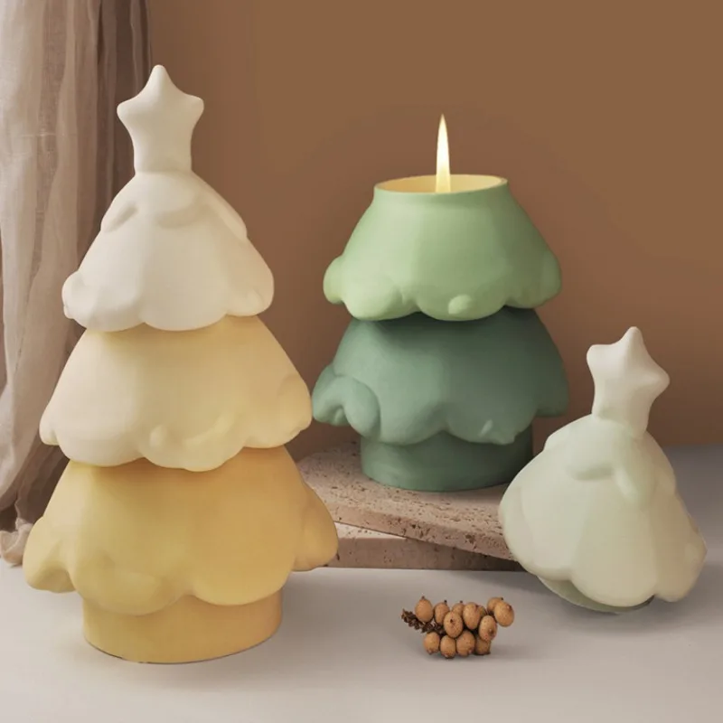 Christmas Tree Candle Jar Silicone Mold Three-tiered Christmas Tree Storage Box Cement Mold Candle Holder Container Plaster