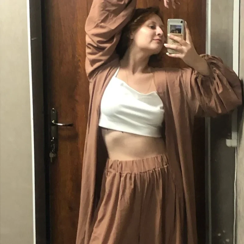 Women 3 Piece Sets Fashion Casual Lantern Sleeve Cardigan Tops+Wide Leg Pants Suits Lady Spring Soft Three Piece Outfit OFE07