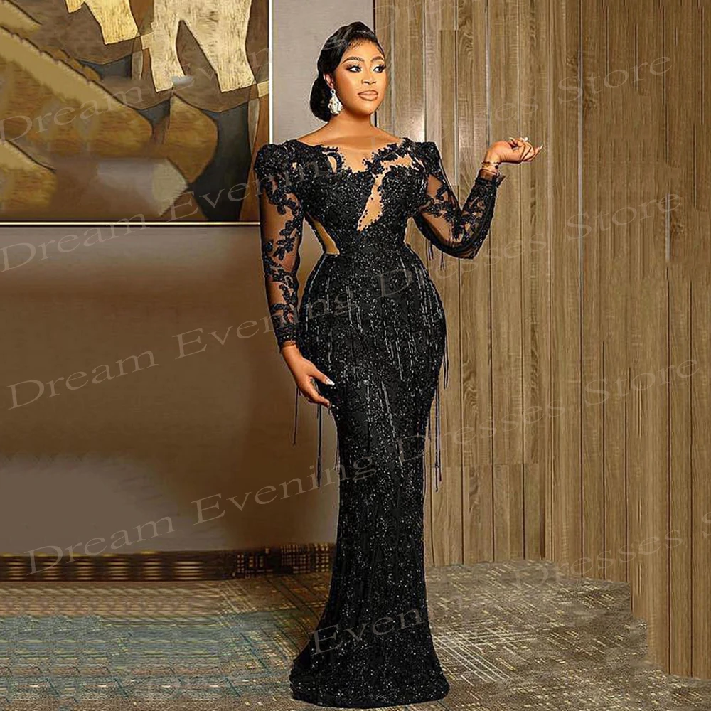 Luxurious Black Mermaid Charming Evening Dresses Popular Lace Beaded Tassel Sheer Neck Long Sleeve Prom Gowns For Formal Party