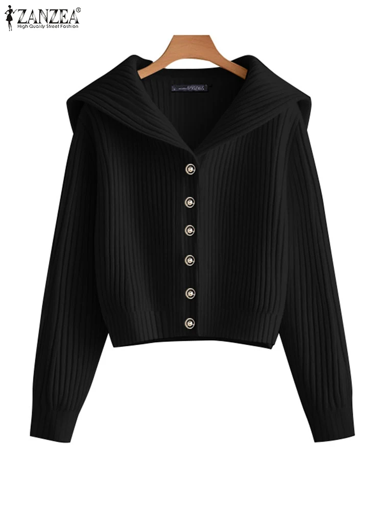ZANZEA Vintage Sailor Collar Women Cardigans 2025 Spring Autumn Elegant Casual Chic Button Up Sweaters Korean Style Short Tops 5