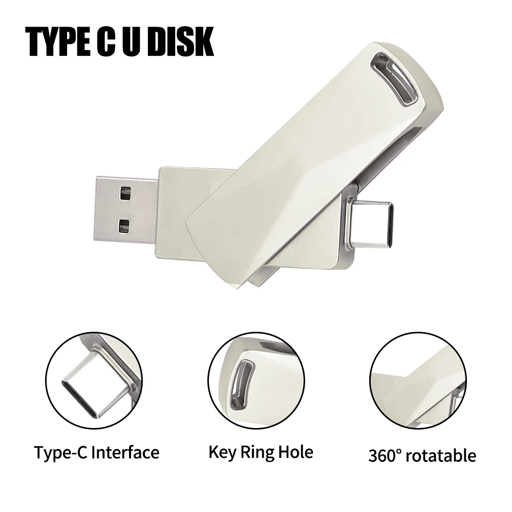 USB 펜 드라이브 TYPE-C 펜 드라이브, USB 2.0 플래시 드라이브, 컴퓨터 휴대폰용 금속 펜 드라이브, 2 인 1, 32GB, 64GB, 128GB