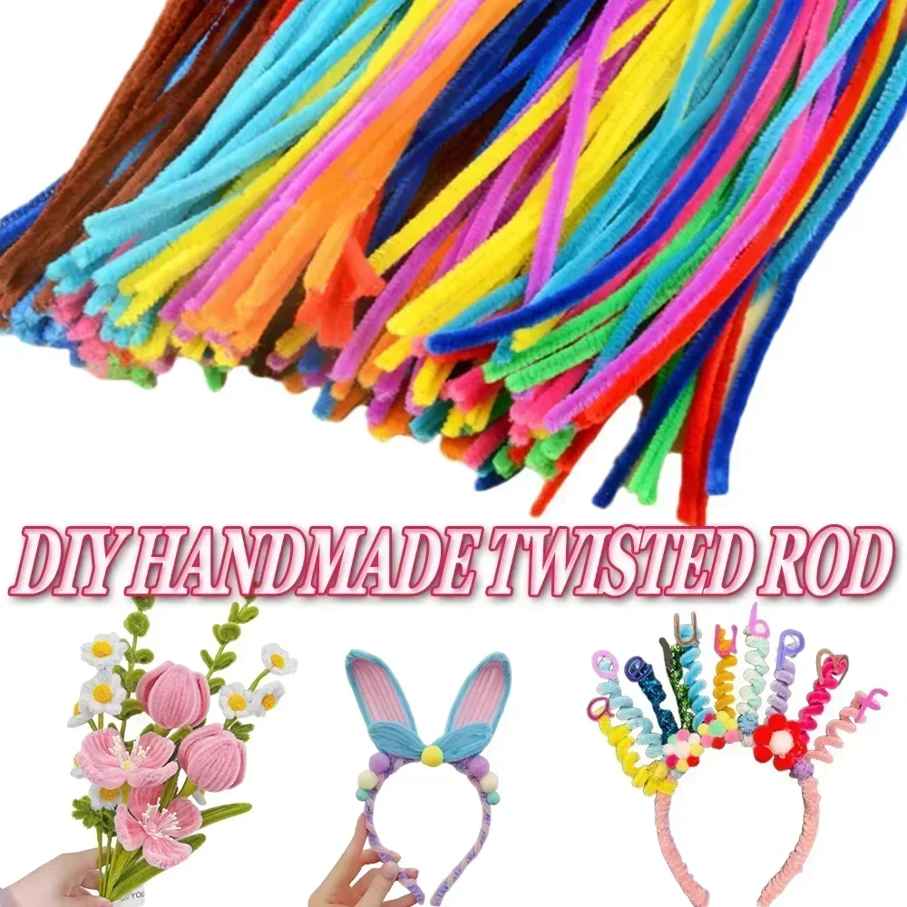 100pcs Colorful Chenille Stems Pipe Cleaners Plush Tinsel Stem Wired Twist Sticks Hair Strip Craft DIY Educational Toys Handmade
