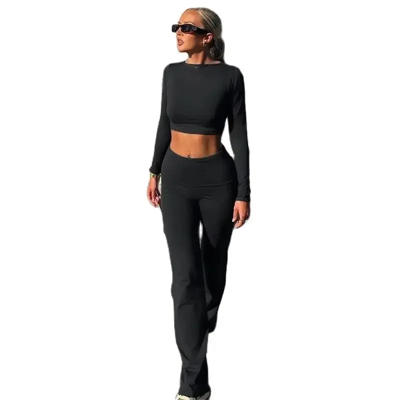 Women Slim Stretch Tight Long Sleeve Short Tops Casual Sports Suits Female 2023 Autumn High Waist Wrap Hip Pants Two Piece Sets sports and fitness tight fitting long sleeved t shirt quick drying and super elastic set tracksuit men clothing