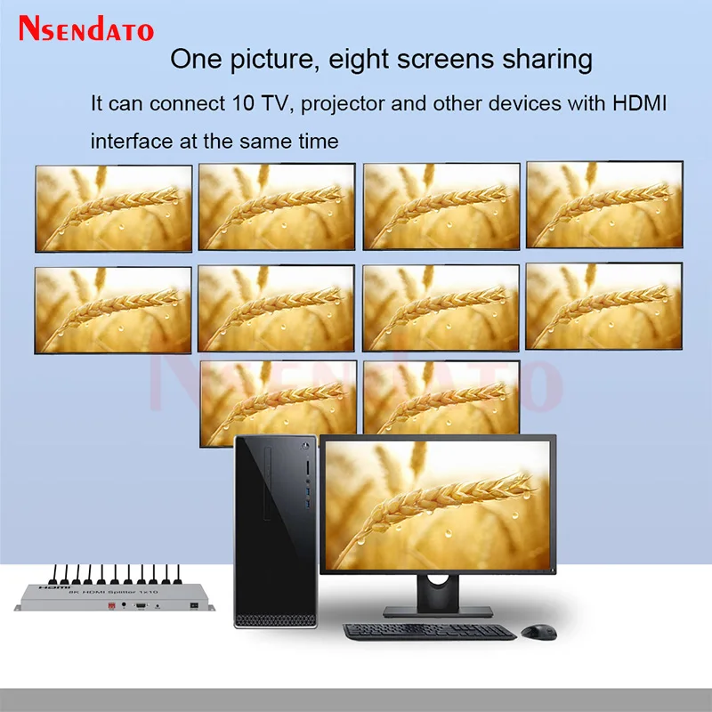 HDMI Splitter 8K 60Hz 1x10 1 In 10 Out HDMI Video Splitter Audio Video Converter With EDID downscaling for DVD PS4 Camera PC TV