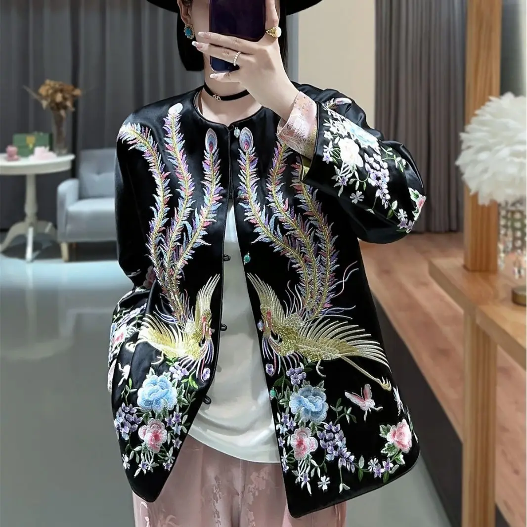 

High-end Satin Acetate Women Reversible Jacket Top Embroidery Phoenix Tang Suit Elegant Lady Loose Coat Female S-XXL