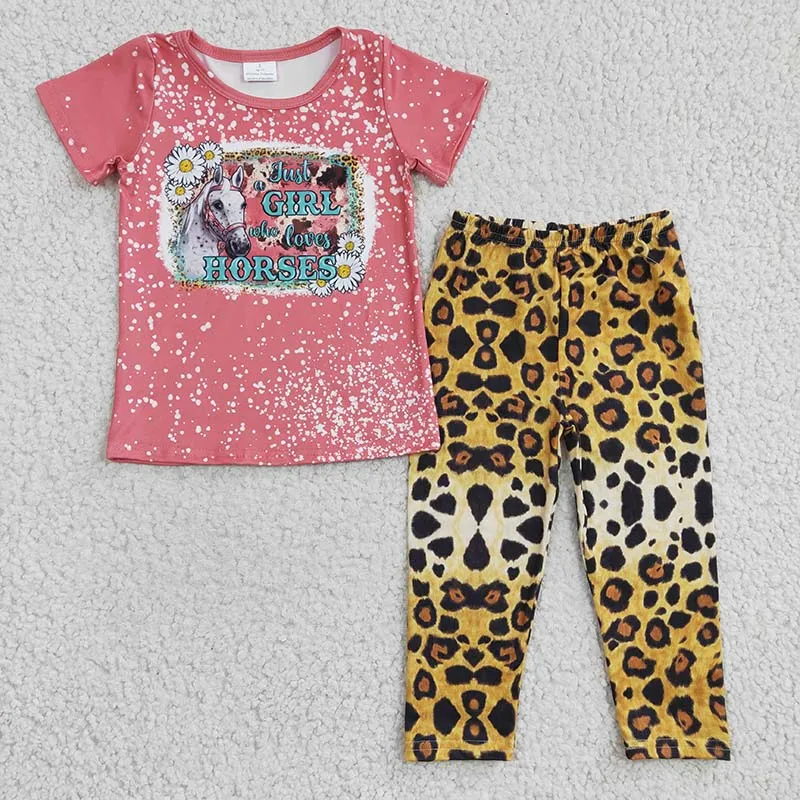 

Wholesale Toddler Western Outfit Pink Short Sleeves Just A Girl Who Loves Horse Flower Shirt Tee Leopard Pants Children Kid Set