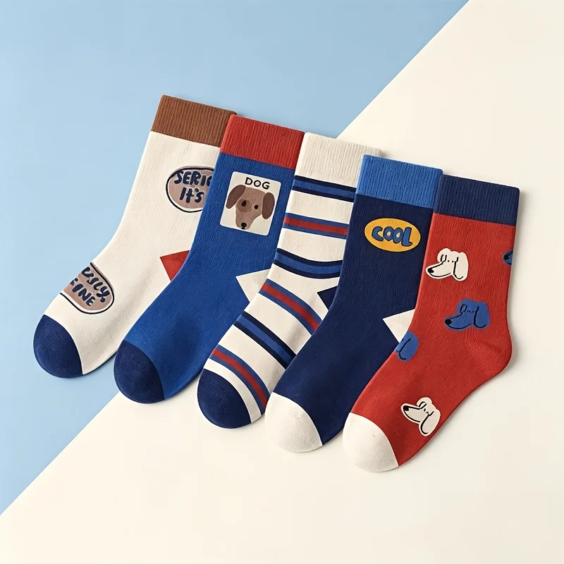 XJK Baby Socks Children Spring Socks Boys Funny Puppy Pattern Socks 5 Pairs Cotton Socks Kids Sock 5
