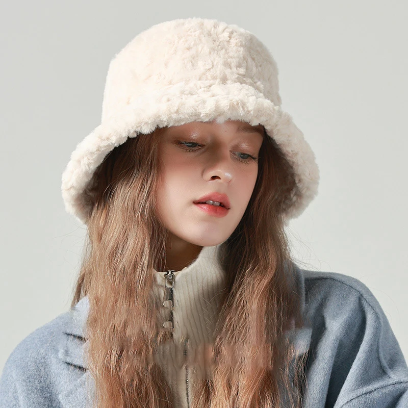 

Women Winter Plush Bucket Hat Warm Solid Color Faux Fur Fisherman Cap Winter Bucket Hat Packable Fluffy Fur Casual Warm Fisherma
