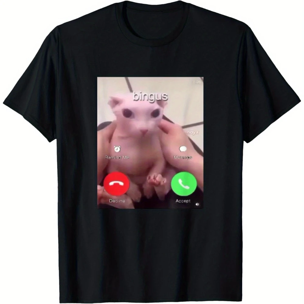 Grafisches T-Shirt „Sphinx Bingus Is Calling“ in Schwarz, weiches und atmungsaktives, lässiges Sommer- und Frühlings-T-Shirt, verspieltes Design, Meme-T-Shirt
