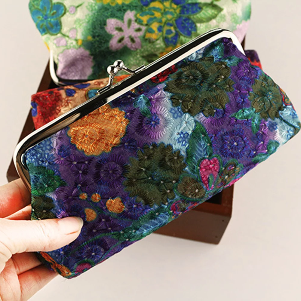 Women Wallet Vintage Flower Kiss Lock Long Coin Purse Phones Keys Holder Gift