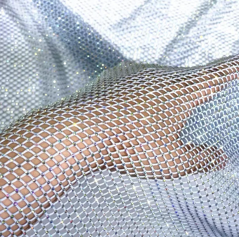 Luxurious High Gloss Elastic Diamond Mesh Fabric with Satin Belt Trim for DIY High-End Dressmaking