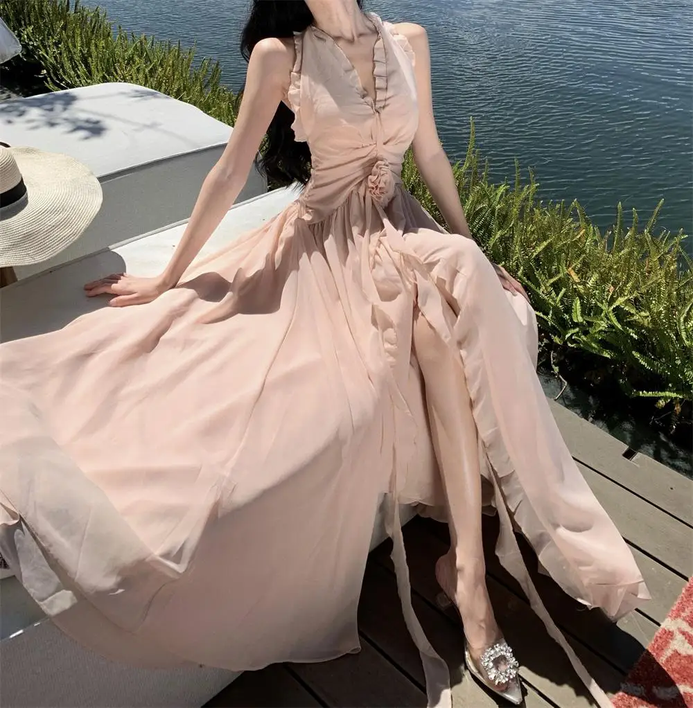 Summer New Ruffles A-line Long Dresses for Women Halter Backless Holiday Seaside Party Dress Korean Fashion One Piece Vestido
