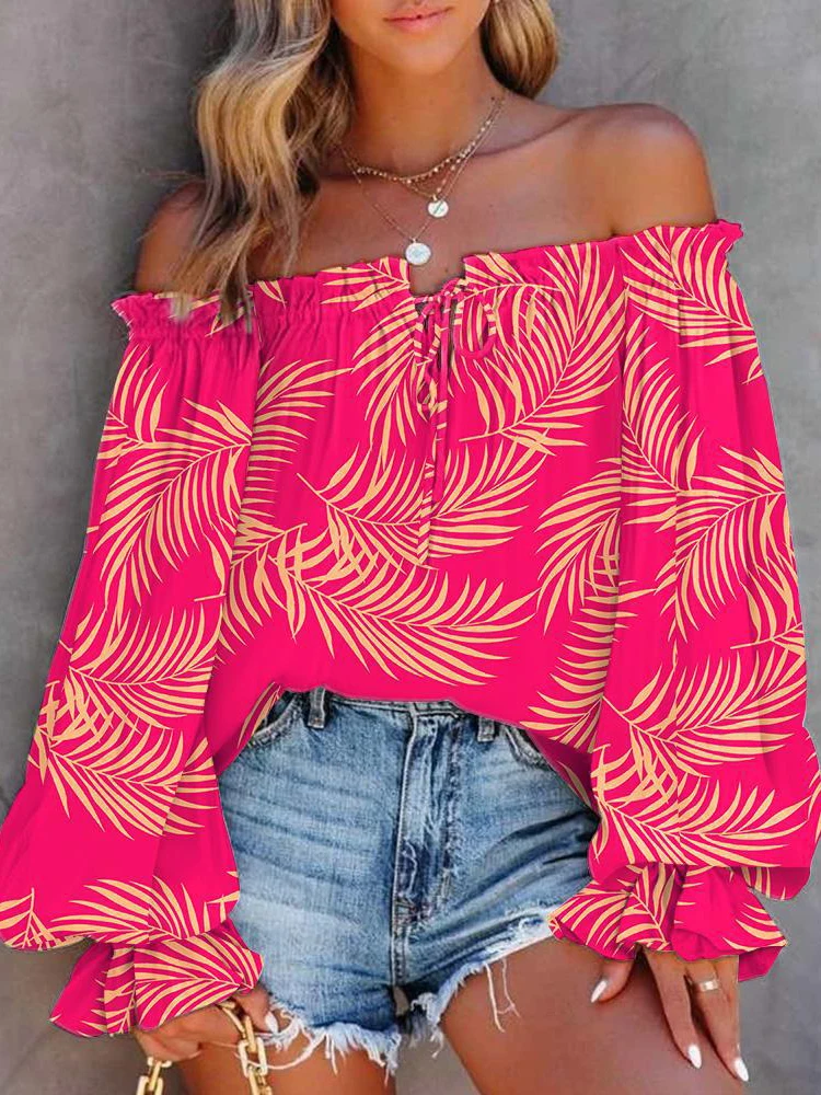 Floral Print Off Shoulder Lace Up Long Sleeve Blouse