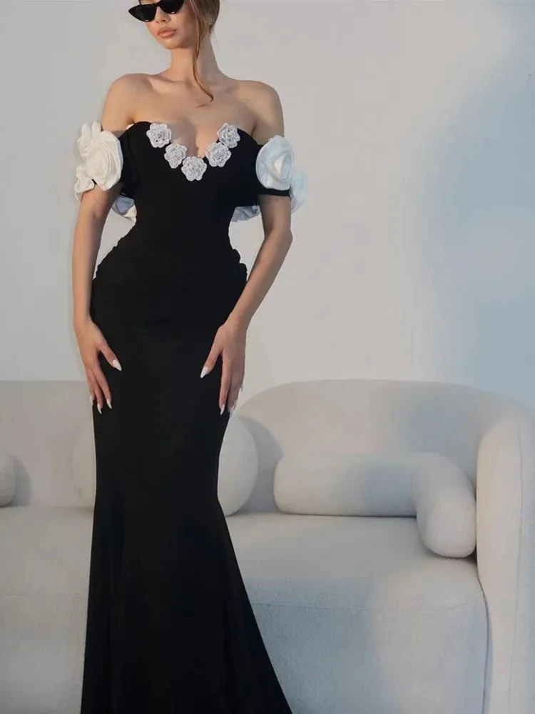 New Cocktail Dress Elegant Party Evening Celebrity Prom Gown Sexy Black Bandage Flower Backless Off Shoulder Long Dresses
