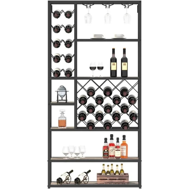Industrial Wine Rack Freestanding Floor, Farmhouse Tall Coffee Bar Cabinet with Storage, Wood Metal Stackable Bakers Rack