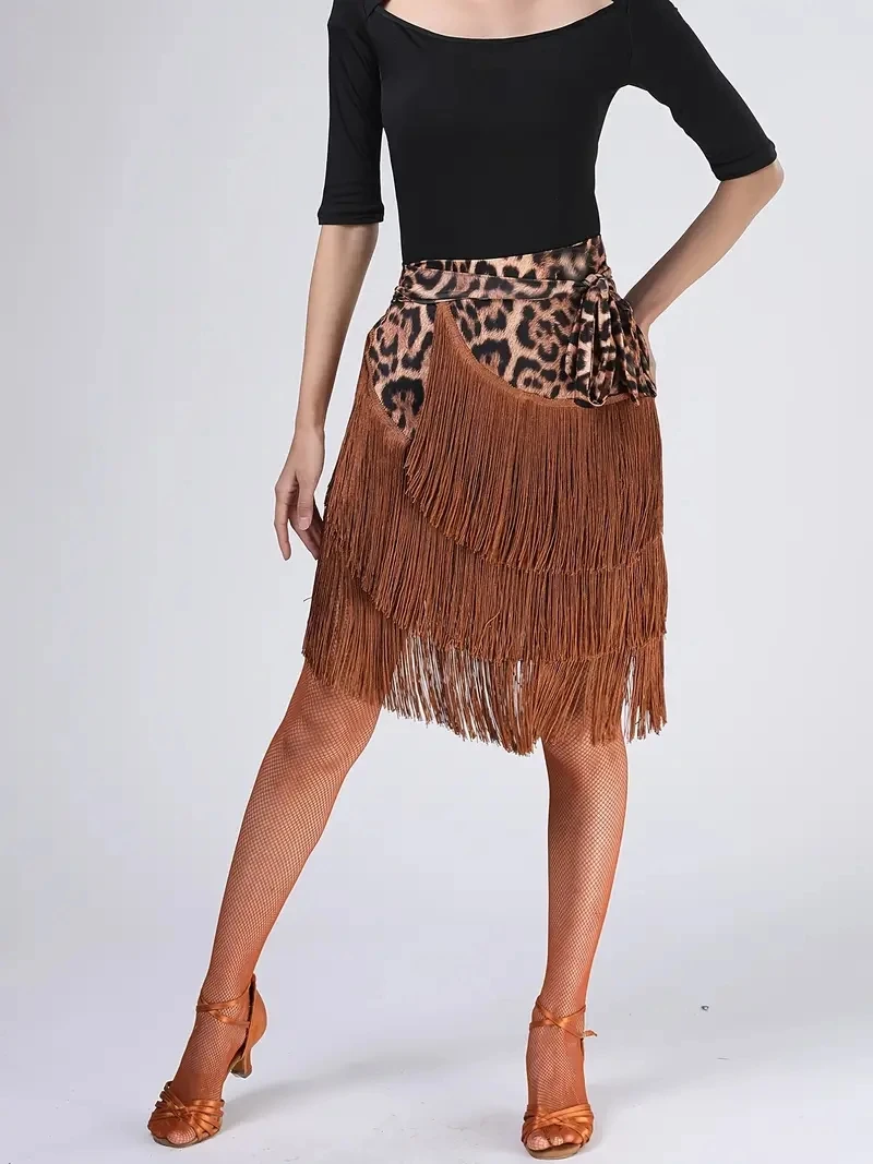 Fashion Leopard Print Hip Wrap Scarf Skirt Stretchy Asymmetrical Tassel Latin Tango Dance Ballroom Short Skirt, dance skirt