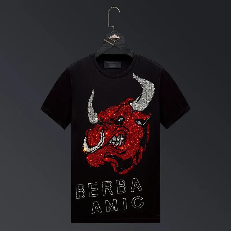 

2022 New Bull Rhinestones T Shirts Women Summer Clothes Fashion Streetwear O Neck Slim Short Sleeve T-shirt Casual Woman Tops