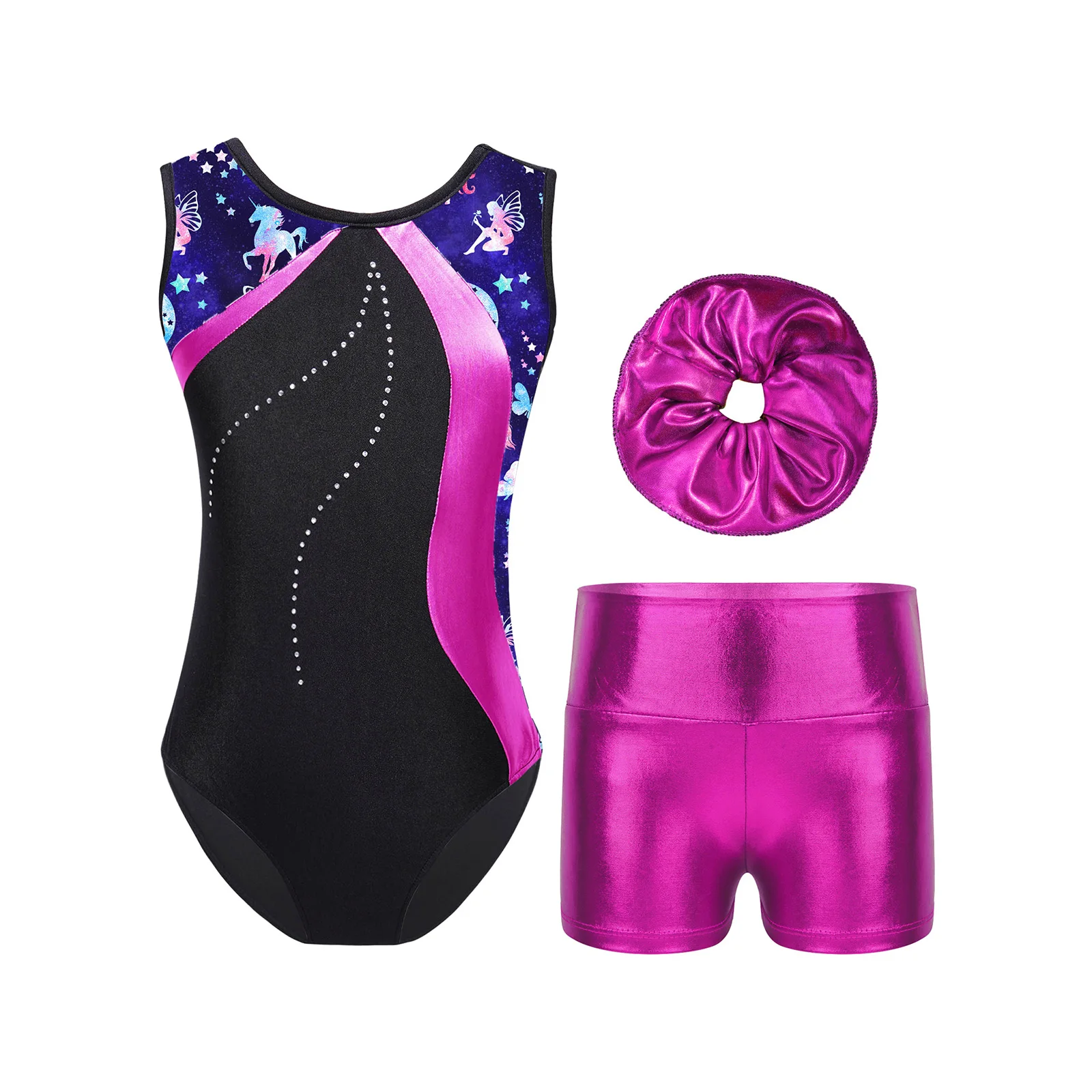 TiaoBug Kids Girls 4 to 14 Years Gymnastics Figure Skating Dress Costume Sleeveless Printed Leotard High Waist Shorts Hair Band