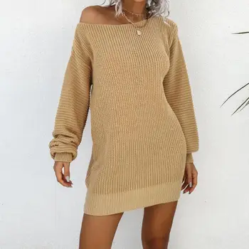 High Quality Custom Solid Color Women's Long Sleeve Dress Casual O-neck Loose Sweater Dress For Women 1