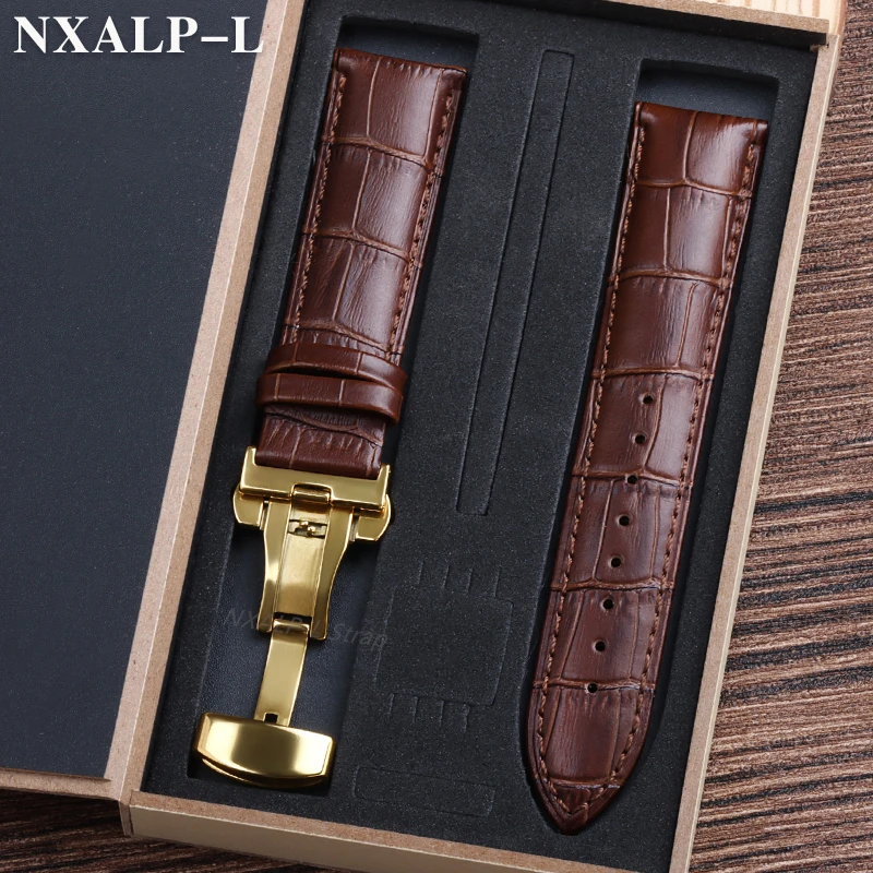 Luxurious Genuine Leather Watch Strap with Elegant Butterfly Clasp and Wooden Gift Box