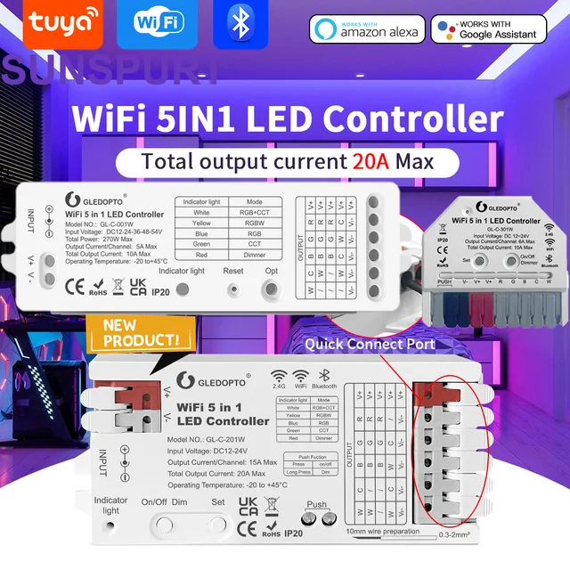 10Matter Tuya WiFi WLED 5 in 1 LED Strip Controller Ultra Mini RGBCCT RGBW RGB CCT WWCW Dimmer Tuya Smart Life App ควบคุมเสียง 1