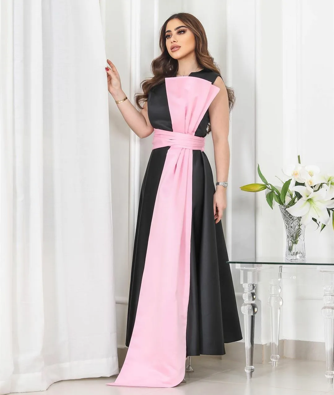 

AsaNagi Black&Pink Satin Evening Dresses Elegant Sleeveless A Line Ankle-Length Prom Dress Robe De Soirée Party Gowns 2023