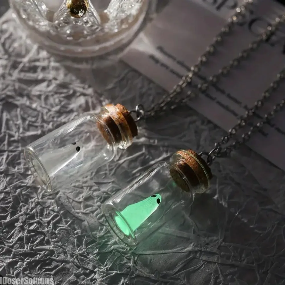Ghost in A Bottle Pendant Necklace Halloween Jewelry Cute Glow Mini Vial Jar Light Charms Decor Earring Locket Spooky Decoration 3