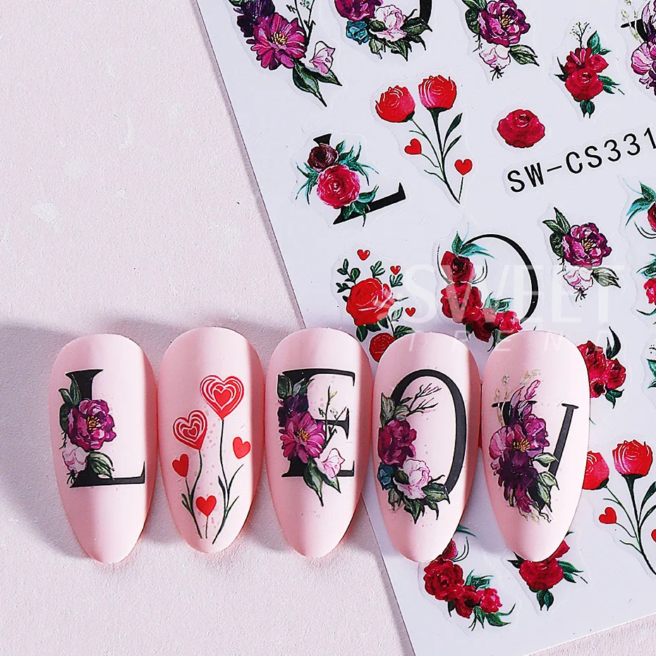 2pcs Valentine's Nail Stickers Red Rose Flower Peony Floral Leaves Adhesive Sliders DIY Elegant Manicure Decoration Decals Tools