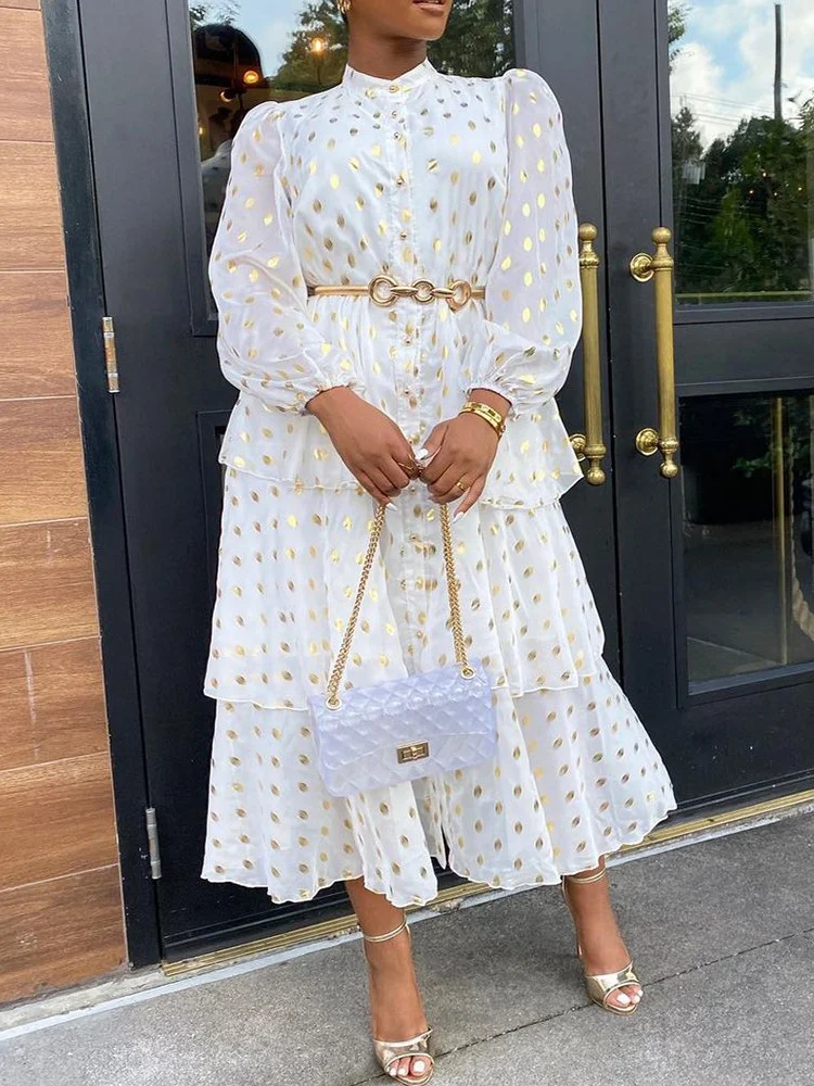 Wmstar Dresses for Women Wholesale Ruffled Chiffon White Printed Loose Waisted Elegant Commuting Fahion Long Dress Without Belt