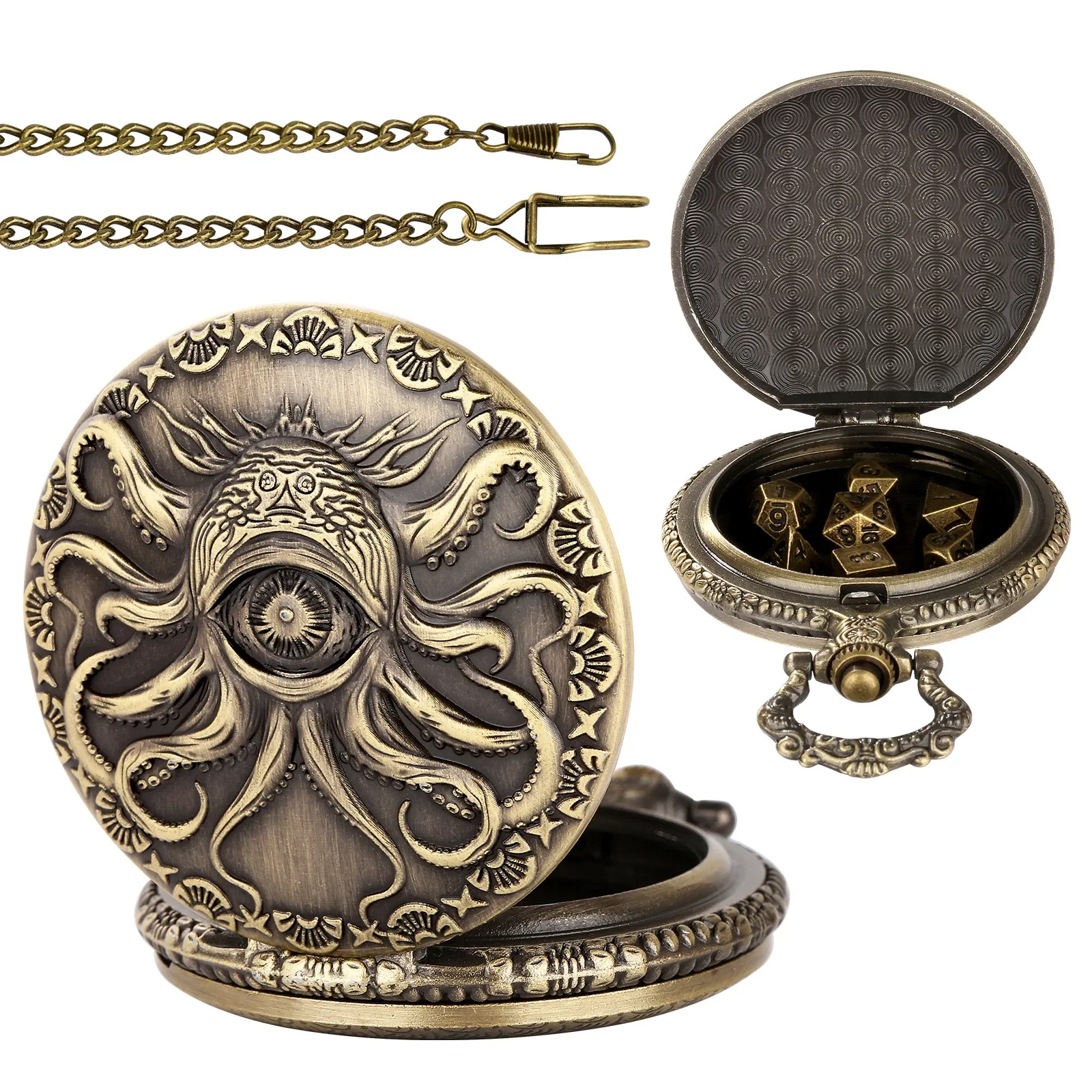 Dice Storage Case Octopus Metal Vintage Cthulhu Pocket Watch DND Dice One eyed Octopus Pocket Watch box For role playing games